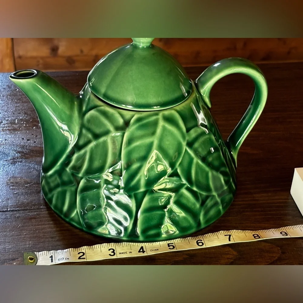 Vintage Pier-1 Imports Teapot Jade Leaves Green Stoneware Pier One Collection 7